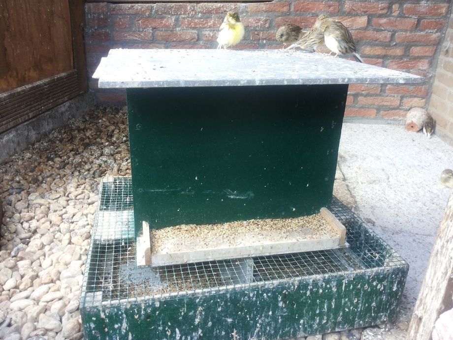 Dit is mijn voersilo. U ziet ik heb er een vloertegel overheen gelegd om te voorkomen dat de vogels hun ontlasting op het voer deponeren. Aan de achterkant en voorkant heb ik twee gaten van zo'n 10 cm lang en 2 cm hoog. Daaronder ziet u de afvalbak. Hierin wordt het overtollige zaad in opgevangen. Deze bak ledig ik elke week. Hier wordt niets meer van hergebruikt. 